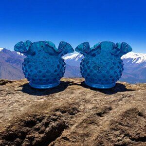 Fenton Blue Hobnail Glass Vase Set - 2 Pieces Ruffled Edge Collectibl
